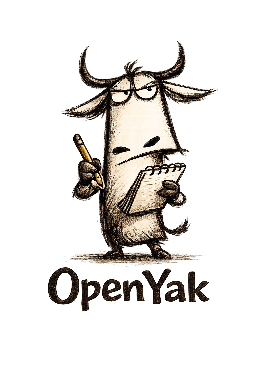 OpenYak mascot — a grumpy yak with glasses, holding a pencil and notebook